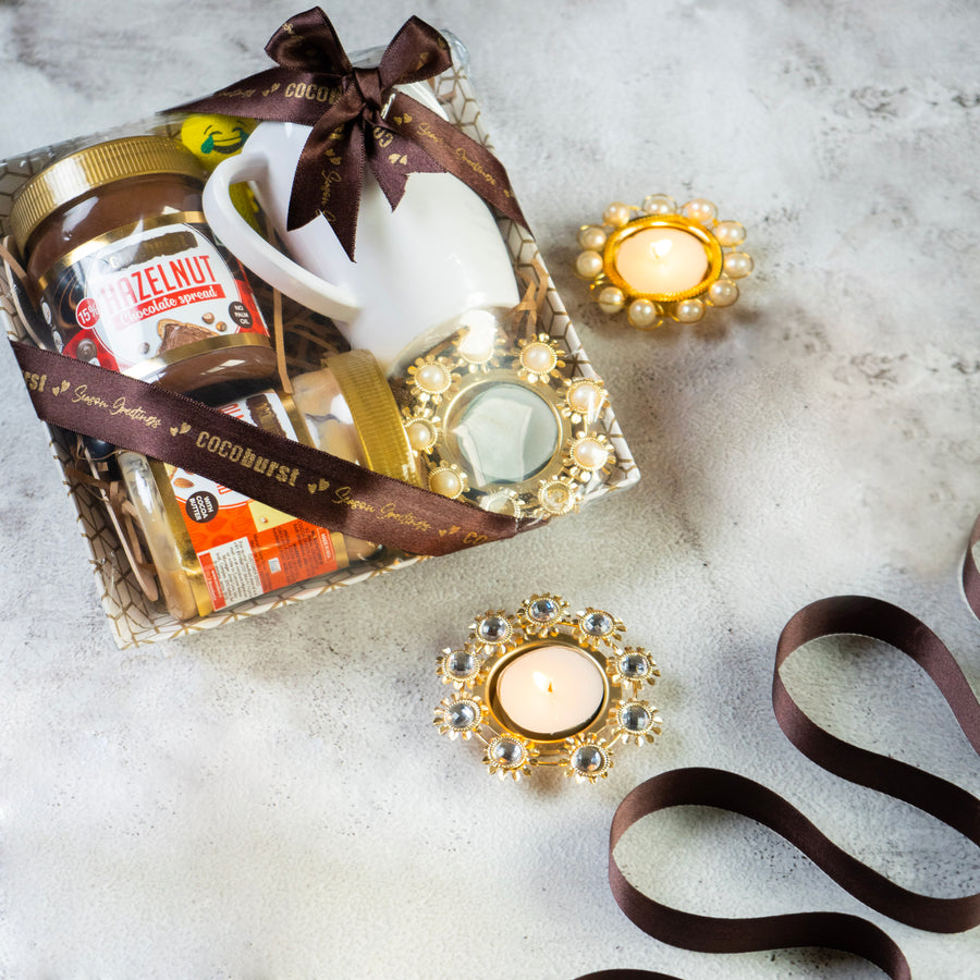 Chocolate Lovers Hamper with two spreads, mug, spoon, diya packed in a tray