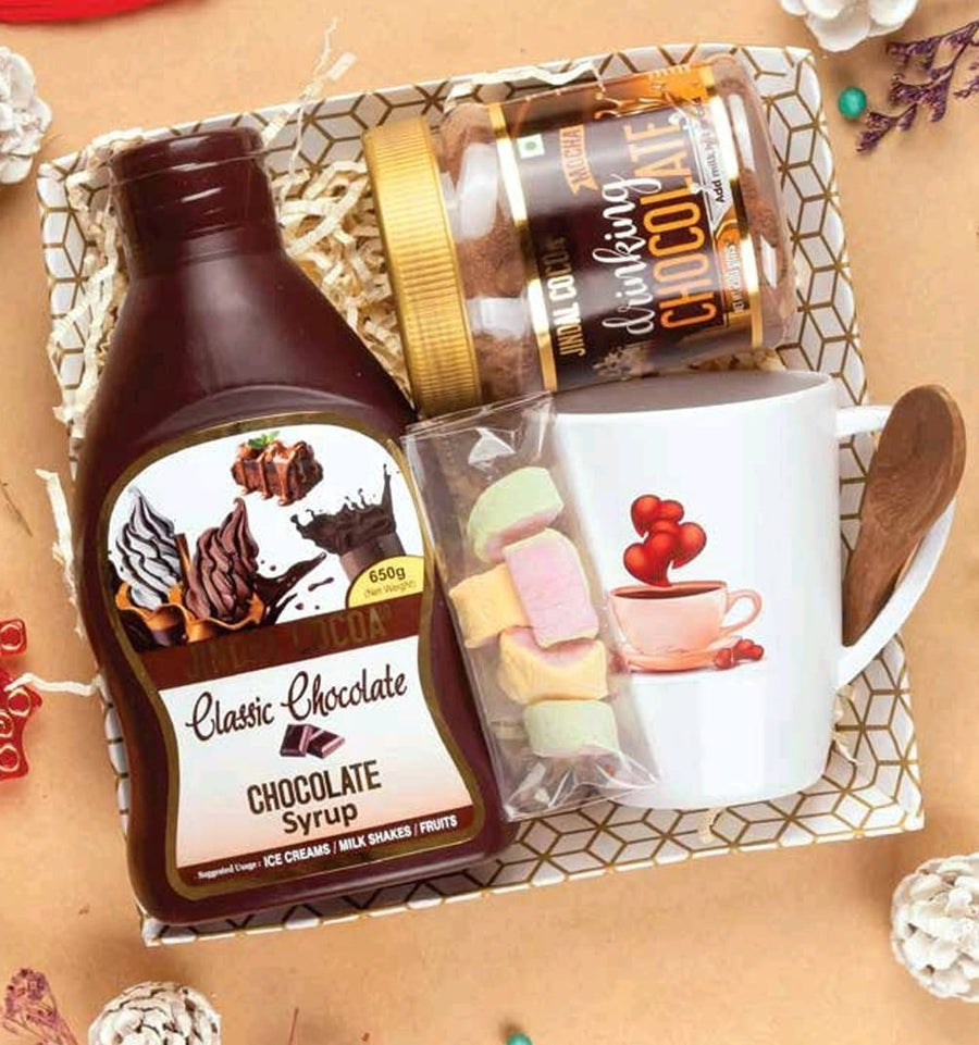 DIY Drinking Chocolate Hamper with Mocha/Cinnamon/Cocoa powder, Syrup, mug, marshmallows in a tray