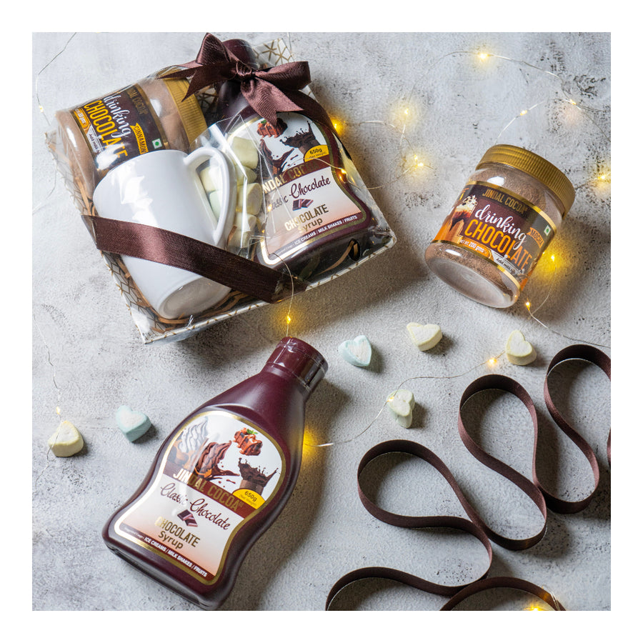 DIY Drinking Chocolate Hamper with Mocha/Cinnamon/Cocoa powder, Syrup, mug, marshmallows in a tray